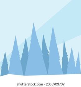 Winter holiday forest poster. Vector image of pine trees on blue background.
