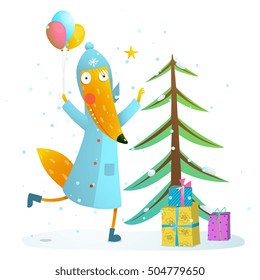 Winter holiday fox celebrating with presents for kids. Seasonal animal cute childish greeting card cartoon with fur tree and cute fox. Vector illustration.