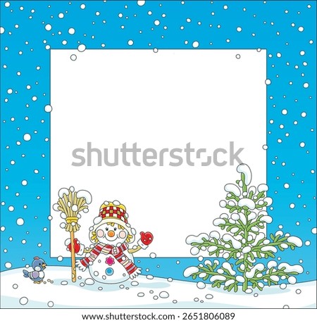 Winter holiday frame with a cute toy Snowman wearing a warm scarf, a hat with mittens and talking to a cheerful small bird near a snow-covered fir on a beautiful snowy day, vector cartoon
