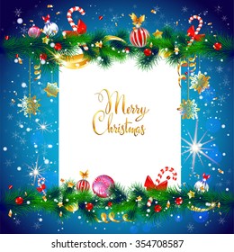 Winter holiday frame. Luxury festive Christmas tree with place for text. Christmas design for card, banner,ticket, leaflet and so on.