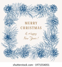 Winter holiday frame with pine branches and cones. Botanical vector illustration. Blue and white.

