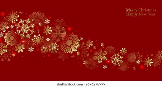Winter holiday frame with snowflakes. Falling snowflakes on the red dark background. Merry Christmas, Happy New Year design.