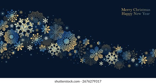 Winter holiday frame with snowflakes. Falling snowflakes on the blue dark background. Merry Christmas, Happy New Year design.