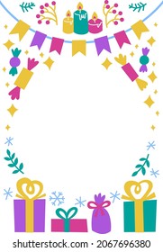 Winter holiday frame with space for text. Christmas, Hannukah, inclusive greeting card. Portrait-oriented with white background.