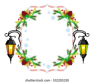 Winter holiday frame with vintage lanterns and Christmas decorations. Copy space.  Design element for advertisements, web, greeting cards and other graphic designer works. Vector clip art.