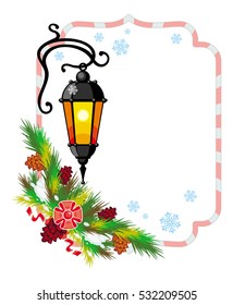 Winter holiday frame with vintage lanterns and Christmas decorations. Copy space.  Design element for advertisements, web, greeting cards and other graphic designer works. Vector clip art.