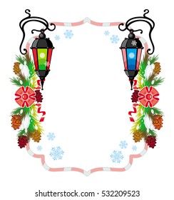 Winter holiday frame with vintage lanterns and Christmas decorations. Copy space.  Design element for advertisements, web, greeting cards and other graphic designer works. Vector clip art.