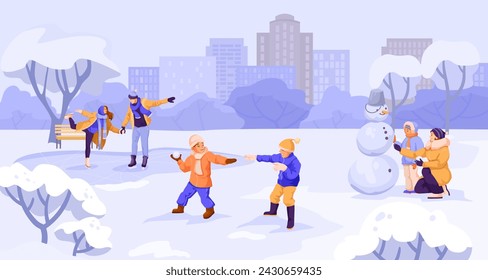 Winter holiday game, funny activity, kid play snowballs, girl make snowman, lovely couple ice skating. Street urban panorama. Recreation in public park. Christmas landscape. Vector illustration