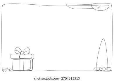 Caja de regalo de Festiva de invierno con Navidades de arte de línea de cinta de lazo o decoración de tarjeta de felicitación de año Nuevo. Elemento lindo de la decoración de las Navidades de la historieta. Símbolo de diseño de invitación de fiesta familiar de Festiva feliz