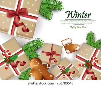 Winter Holiday gift boxes card Vector. Festive decor illustration