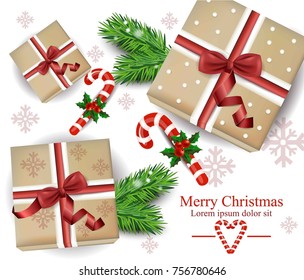 Winter Holiday gift boxes card Vector. Festive decor illustration