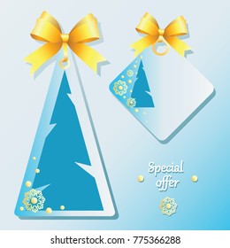 Winter. Holiday gift tags. Christmas and New Year stickers. Pricelists and gift cards with a Christmas tree, snowflakes and bows. Paper for labels, design for sale.