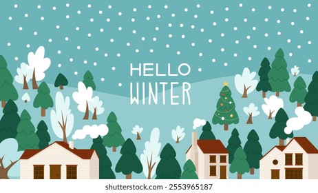 Winter holiday greeting banner or card design. Hello winter lettering. Bright, cold and snowy season. Christmas vector illustration with decorated tree.