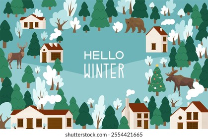 Winter holiday greeting banner or card design. Hello winter inscription and houses in snowy forest. Bright, cold and snowy season. Christmas vector illustration with decorated tree.