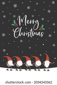 Winter holiday greeting card or background design with cute and funny gnomes, trees, and falling snow. 