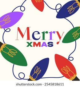 Winter holiday greeting card. Christmas decorative light garland and colorful inscription. Holiday LED bulb strand for magic festive prints. Perfect for Christmas letter, invitation,  banner, poster