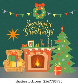 Winter holiday greeting card with Christmas tree, fireplace, armchair and gifts. Decorated with wreath, candles and cute characters. Vector color illustration with texture and lettering