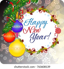 Winter holiday greeting card with Christmas baubles and artistic written text "Happy New Year!". New Year Eve. Vector clip art.