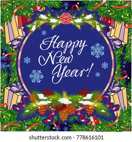 Winter holiday greeting card with Christmas decorations and artistic written text "Happy New Year!". New Year Eve. Vector clip art.