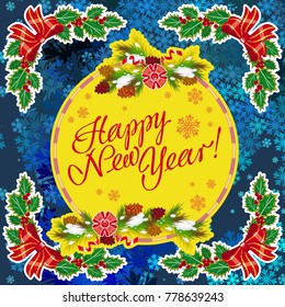 Winter holiday greeting card with Christmas decorations and artistic written text "Happy New Year!". New Year Eve. Vector clip art.