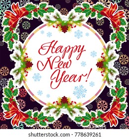 Winter holiday greeting card with Christmas decorations and artistic written text "Happy New Year!". New Year Eve. Vector clip art.