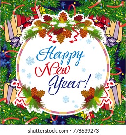 Winter holiday greeting card with Christmas decorations and artistic written text "Happy New Year!". New Year Eve. Vector clip art.