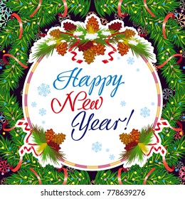 Winter holiday greeting card with Christmas decorations and artistic written text "Happy New Year!". New Year Eve. Vector clip art.