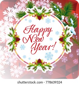 Winter holiday greeting card with Christmas decorations and artistic written text "Happy New Year!". New Year Eve. Vector clip art.