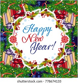 Winter holiday greeting card with Christmas decorations and artistic written text "Happy New Year!". New Year Eve. Vector clip art.