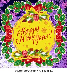 Winter holiday greeting card with Christmas decorations and artistic written text "Happy New Year!". New Year Eve. Vector clip art.