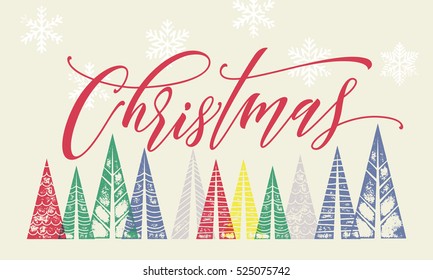 Winter holiday greeting card decoration with Christmas trees. Merry Christmas text with vector calligraphic lettering. Colorful art ornament Christmas modern greeting card