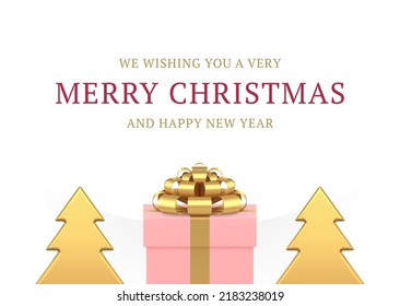 Winter holiday greeting card festive congratulations elegant decorative design realistic 3d icon vector illustration. Merry Christmas best wishes pink gift box and golden premium fir tree bauble toy