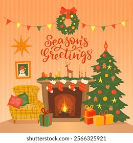 Winter holiday greeting card with fireplace, Christmas tree, armchair and gifts. Decorated  with wreath, candles and cute characters. Vector color illustration with texture and lettering