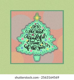 Winter holiday greeting card with lettering inscribed in the shape of a Christmas tree. Vector color illustration.