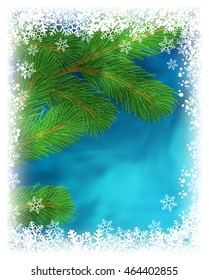 Winter holiday greeting card. Vector illustration with green pine branch on textured blue background with frame of white snowflakes. Frozen window effect