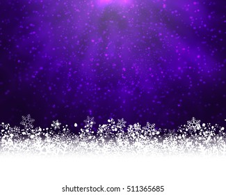 Winter holiday greeting card. Vector purple background with white snow at the bottom and light of shinning stat at the top