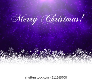Winter holiday greeting card. Vector purple background with white snow at the bottom and text Merry Christmas