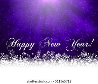 Winter holiday greeting card. Vector purple background with white snow at the bottom and text Happy New Year