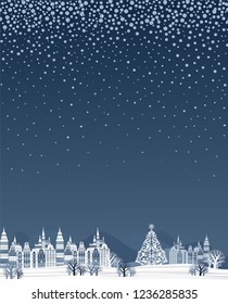 Winter holiday greeting card Web banner design background or header Templates. Winter panorama. Celebration background with Christmas tree, Landscape, town, snow, mountains and place for your text.