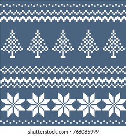 Winter Holiday greeting card with wool knitting design. Knitting Christmas Tree, Snowflake in Norwegian, Danish sweater style. Blue and white tracery. New Year vector illustration for invitation,print