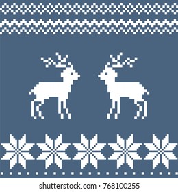Winter Holiday greeting card with wool knitting design. Knitting Snowflake, Deer in Norwegian, Denmark sweater style. Blue and white tracery. Christmas and New Year vector illustration for invitation