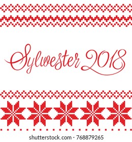 Winter Holiday greeting card with wool knitting design and Sylwester 2018 handmade lettering. Christmas Snowflake in Norwegian, Danish sweater style. Red, white tracery. New Year vector illustration.