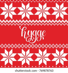 Winter Holiday greeting card with wool knitting design and handmade lettering. Snowflakes in Norwegian knitting sweater style. Danish lifestyle. Hygge. Red, white tracery. EPS10 vector illustration