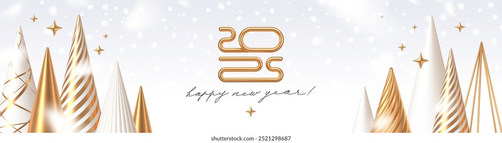 Winter holiday greeting design with 3d render differen style golden christmas trees and 2025 new year logo. Winter scene with Christmas decorations. Vector illustration.