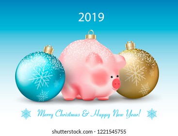 Winter holiday greetings. Christmas or New Year blue and golden Baubles and cute pig a chinese new year symbol on blue background. Realistic vector illustration