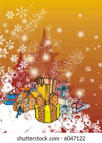 Borde de invierno de vacaciones con muchas cajas de regalo, ilustración vectorial.
