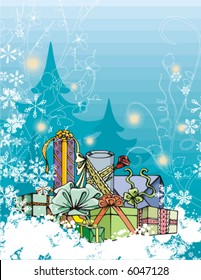 Winter holiday grunge background with  many gift boxes, vector illustration.