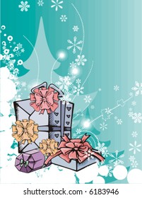Winter holiday grunge background with many gift boxes, vector illustration.