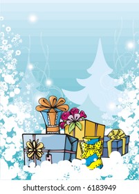Winterurlaub grunge Hintergrund mit vielen Geschenkbox, Vektorgrafik.