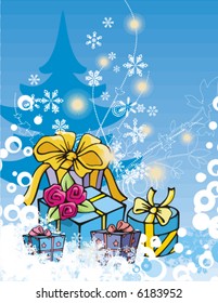 Borde de invierno de vacaciones con muchas cajas de regalo, ilustración vectorial.